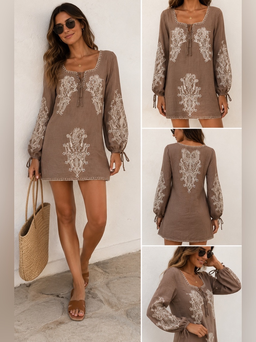 Moretto 100% Linen Embroidered Boho Tunic Mini Dress M Taupe